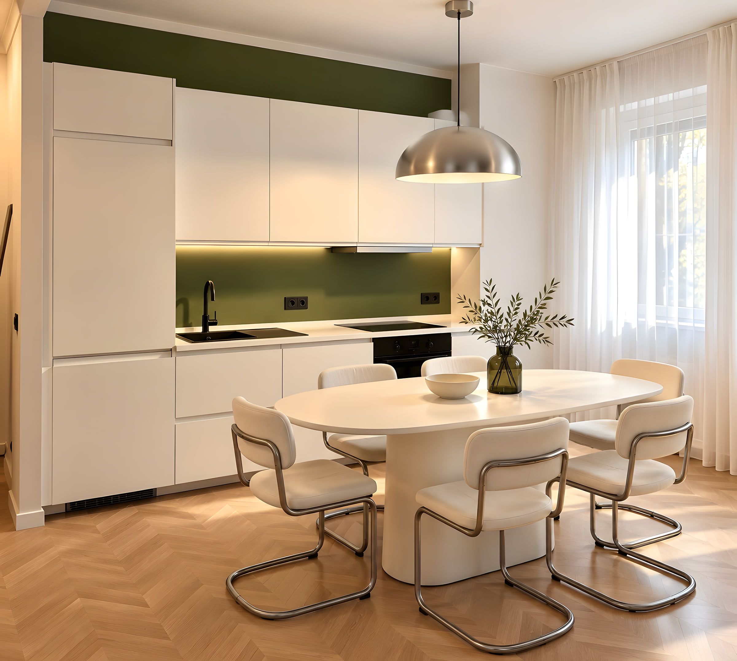 Render della cucina con il tavolo da pranzo
