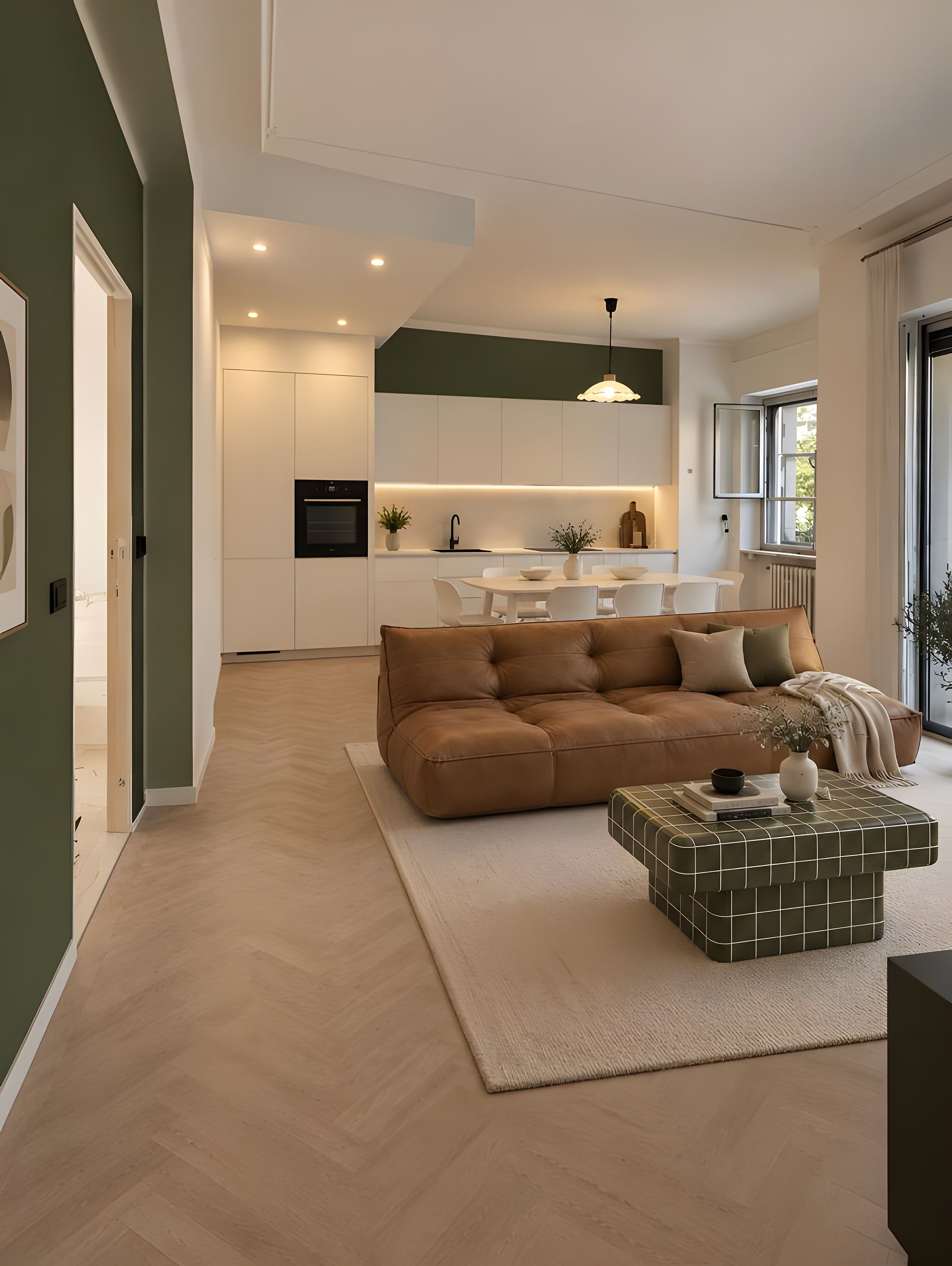 Render del living con cucina a vista