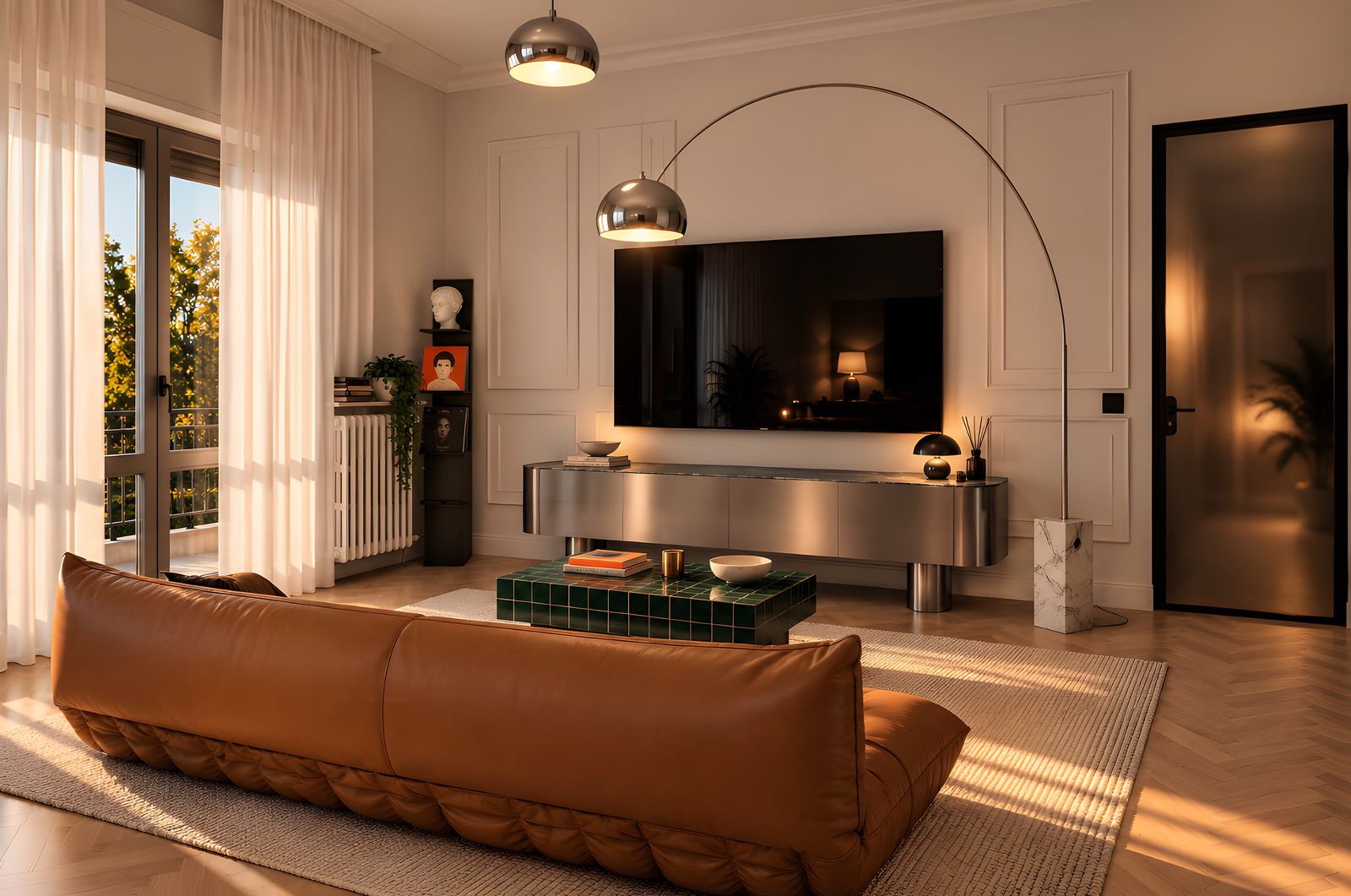 Render del soggiorno: divano in pelle, lampada ad arco e luce del tramonto dalle finestre